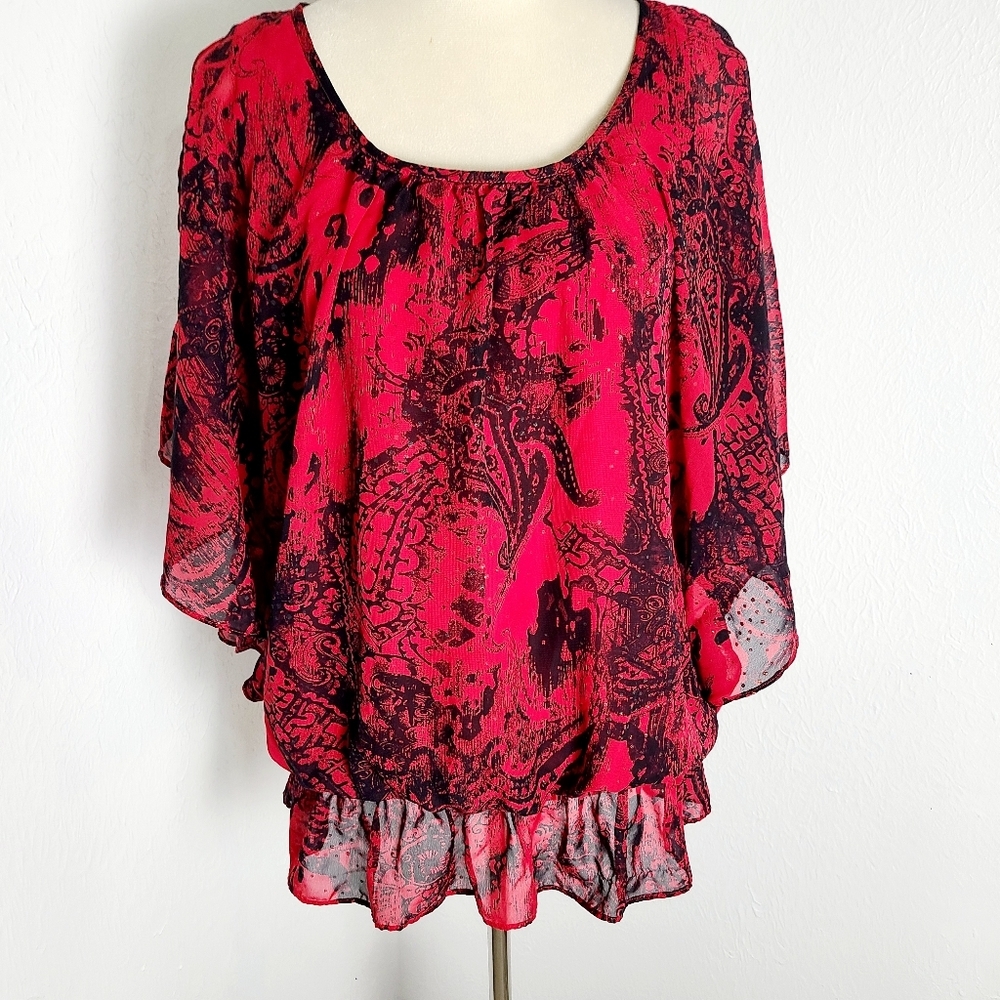 Sara Michelle Red & Black Sequin Blouse with Batwing Sleeves, Size 1X
